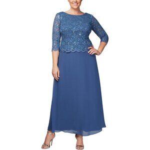 Alex Evenings Womens Plus-Size Long Dress With Scalloped Trim In Blue